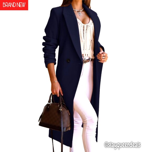 Women's Long Wool Trench Coat Double Breasted Peacoat Slim Fit Blazer